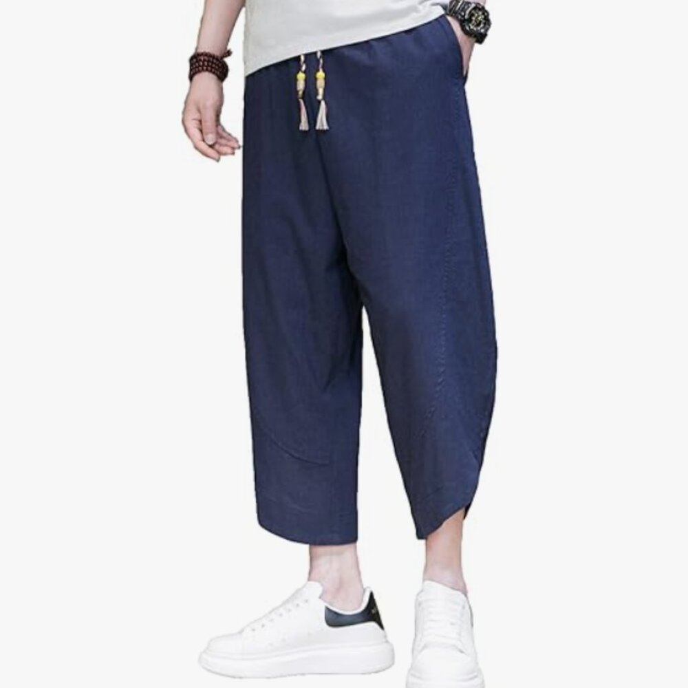 Cotton Linen Elastic Waist Drawstring Harem Yoga pants Navy Blue